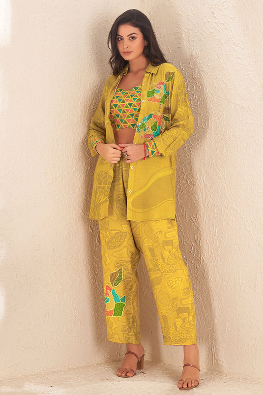 Exclusive Yellow Multicolored Sequins 3 Piece Co Ord Set With Camisole