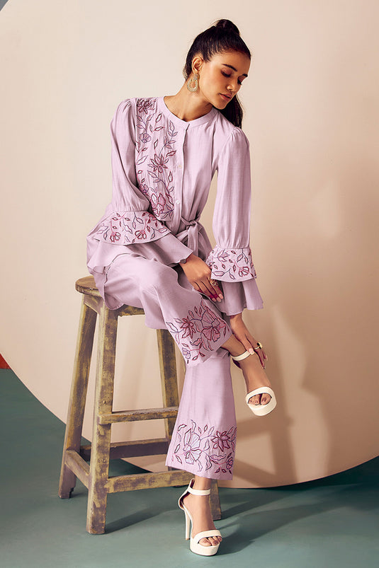 Exclusive Lavender Pink Embroidered Tunic And Trouser Set With Belt