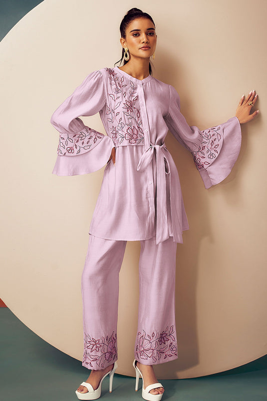 Exclusive Lavender Pink Embroidered Tunic And Trouser Set With Belt