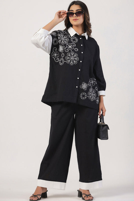 Exclusive Black And White Embroidered Cotton Co Ord Set