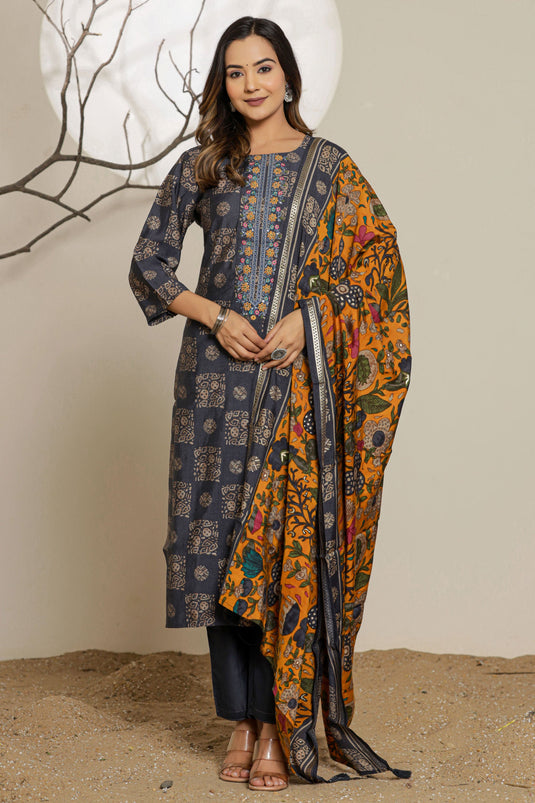 Exclusive Elemental Blue Printed Muslin Ethnic Set With Dupatta