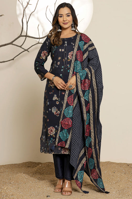 Exclusive Navy Blue Floral Printed Muslin Ethnic Set With Dupatta