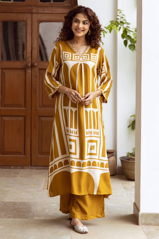 Exclusive Mustard Yellow Abstract Geometric Print Ethnic Set