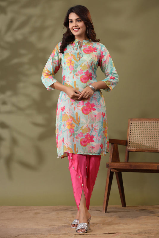 Exclusive Mint Blue Floral Printed Tie Detail Kurta With Tulip Pants