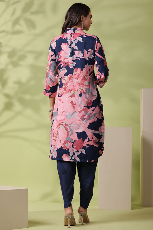 Exclusive Navy Blue And Pink Bold Floral Printed Muslin Kurta With Tulip Pants