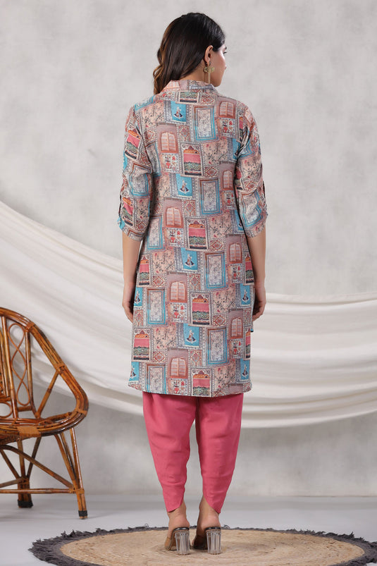 Exclusive Jharokha Collage Printed High Low Shirt Style Muslin Tunic With Tulip Pant