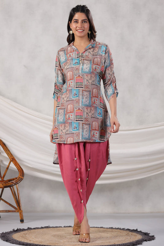 Exclusive Jharokha Collage Printed High Low Shirt Style Muslin Tunic With Tulip Pant