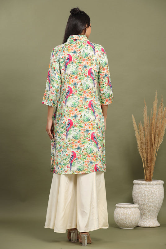 Exclusive Off White Scenic Birds Printed Kurta With Flared Pants