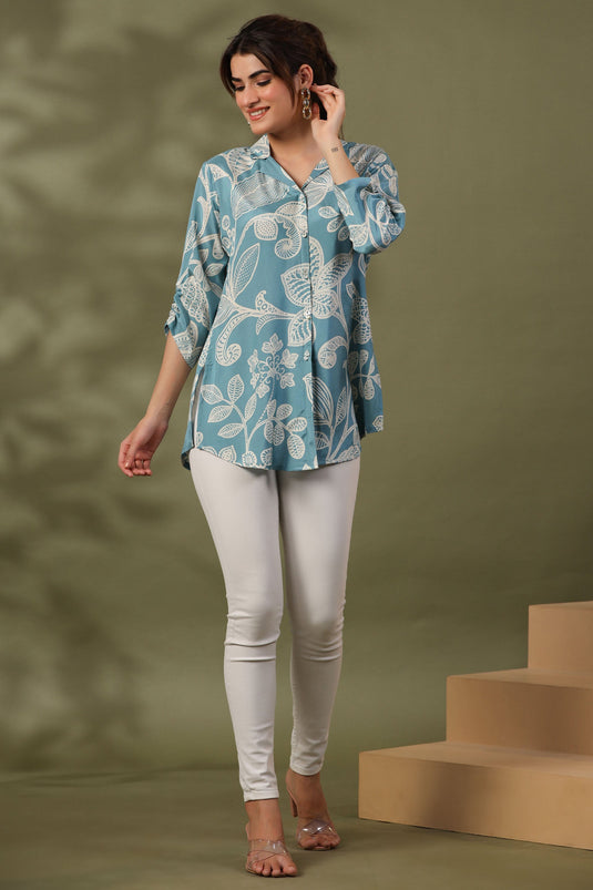 Exclusive Light Blue Floral Print Russian Silk Tunic