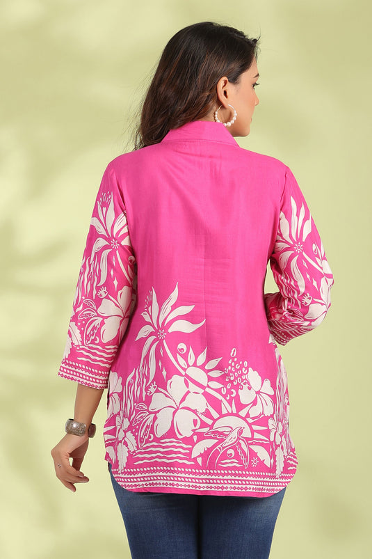 Exclusive Floral Printed Pink Color Russian Silk Tunic