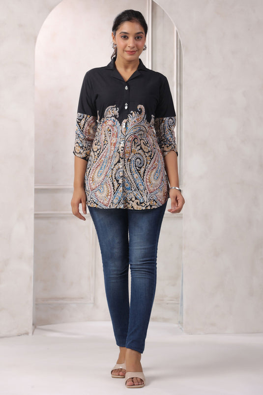 Exclusive Black Floral Printed Cotton Tunic