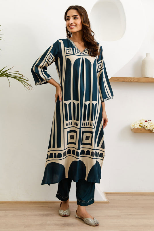 Exclusive Blue Abstract Geometric Print Ethnic Set