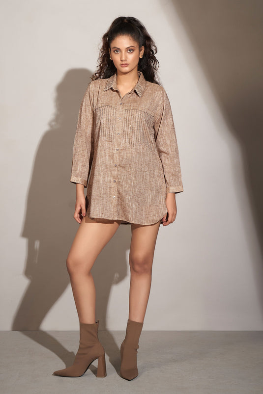 Exclusive Beige Cotton Linen Shirt With Geometric Rhinestone Decorations