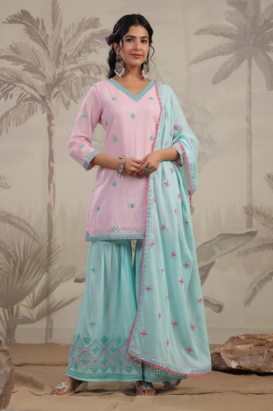 Exclusive Pastel And Bling Pink Blue Sharara Ethnic Set With Dupatta