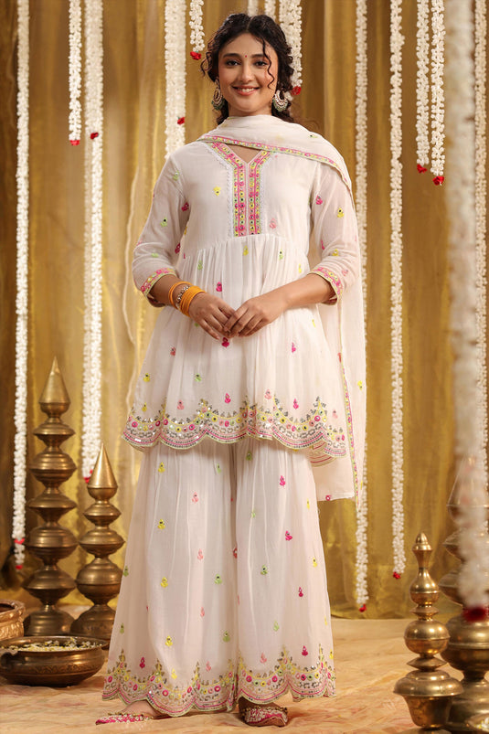 Exclusive Pastel And Bling White Ethnic Sharara Set With Dupatta