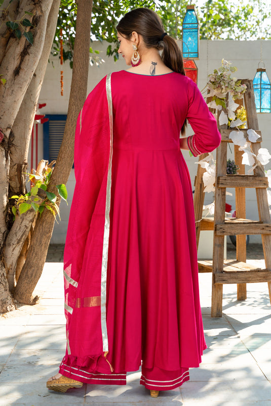 Amazing Fancy Work On Magenta Color Rayon Fabric Readymade Suit