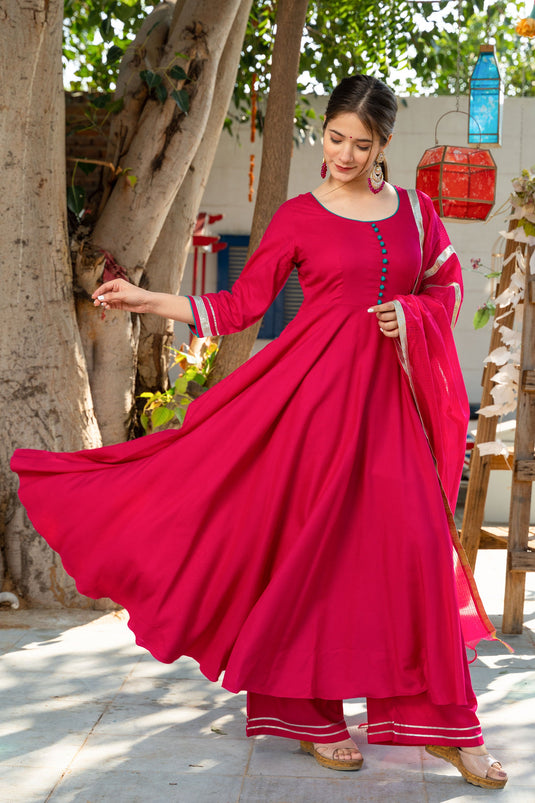 Amazing Fancy Work On Magenta Color Rayon Fabric Readymade Suit