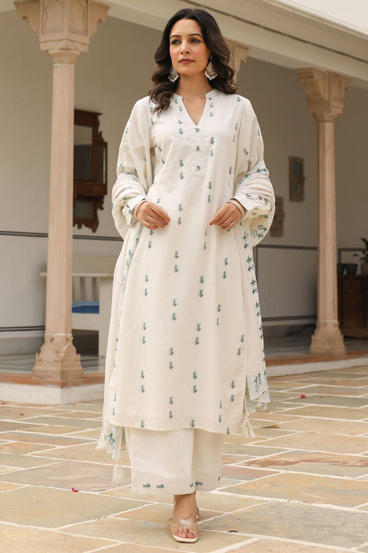 Beatific White Color Cotton Fabric Readymade Suit