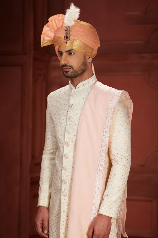 Entrancing Readymade Silk Fabric Sherwani In Beige Color With Embroidered Work