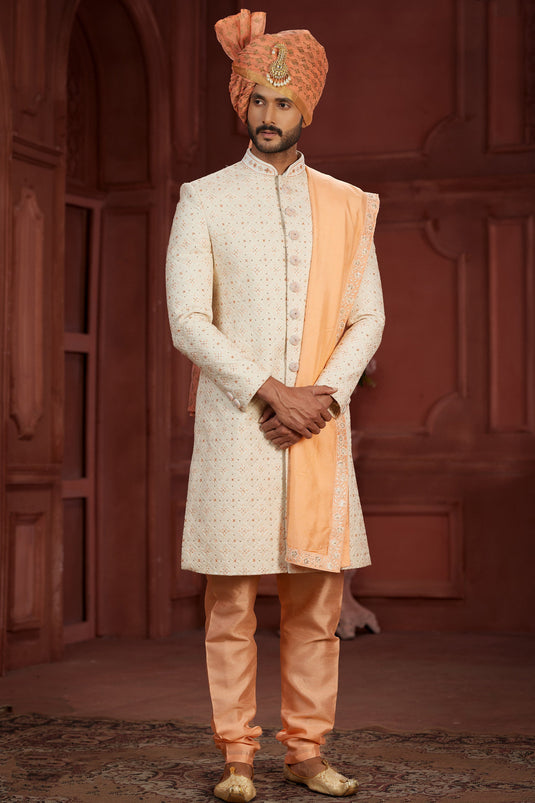Mesmeric Beige Color Embroidered Readymade Sherwani In Silk Fabric