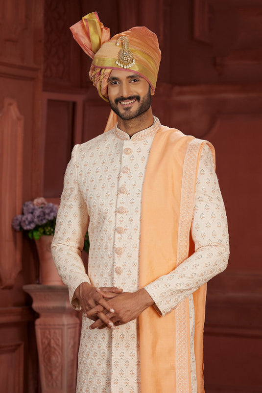 Radiant Embroidered Beige Color Silk Fabric Readymade Sherwani