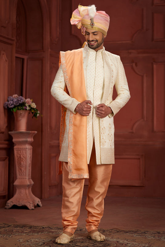 Radiant Embroidered Beige Color Silk Fabric Readymade Sherwani