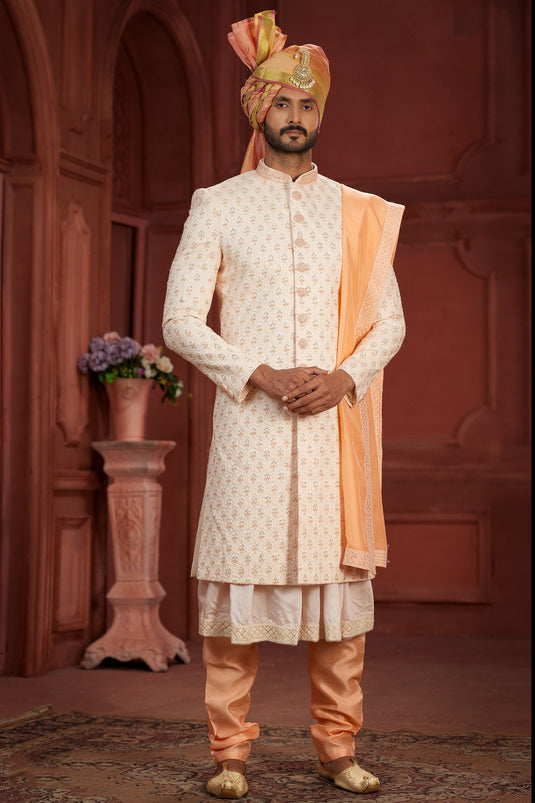 Excellent Silk Fabric Readymade Beige Color Sherwani With Embroidered Work