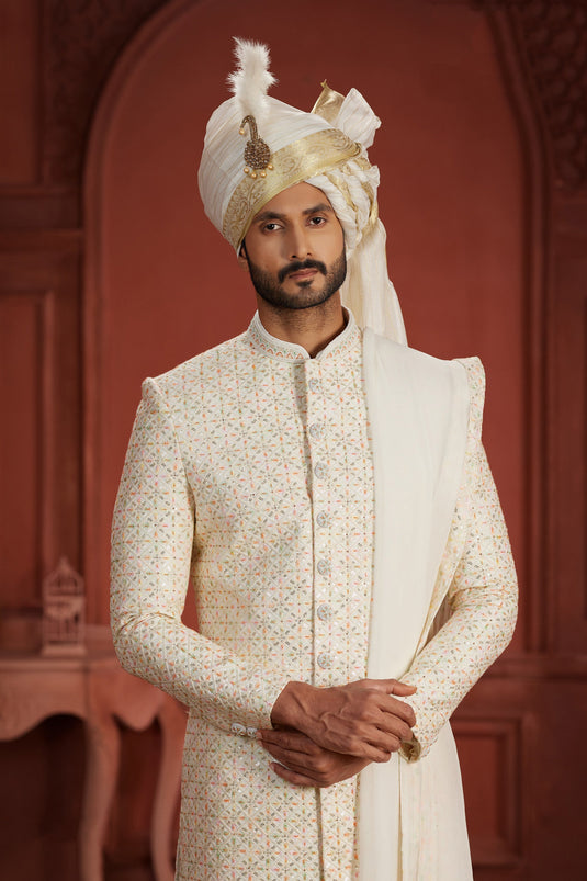 Beguiling Embroidered Work On Off White Color Silk Fabric Readymade Sherwani