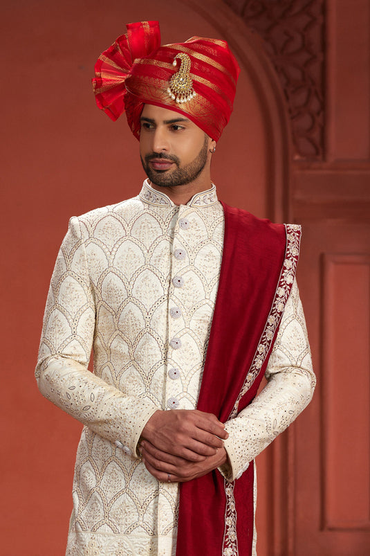 Tempting Off White Color Readymade Silk Fabric Sherwani With Embroidered Work
