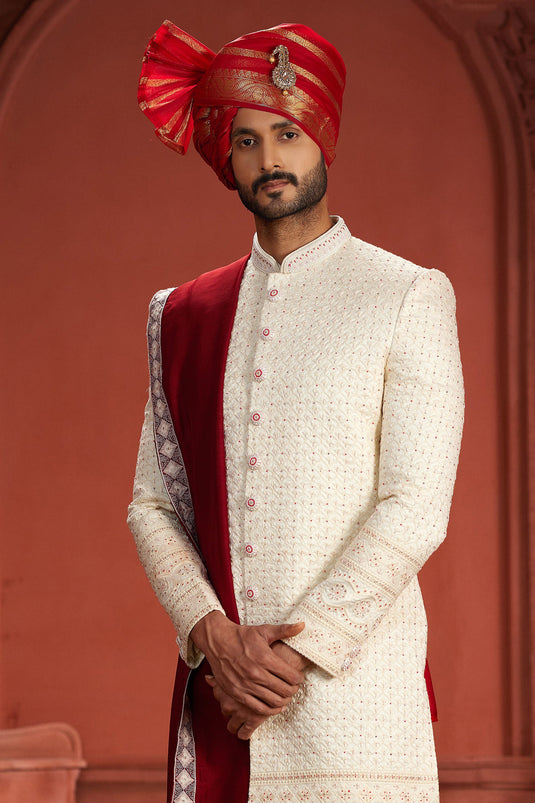 Stunning Embroidered Work Silk Fabric Off White Color Readymade Sherwani