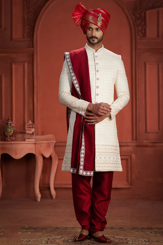 Stunning Embroidered Work Silk Fabric Off White Color Readymade Sherwani