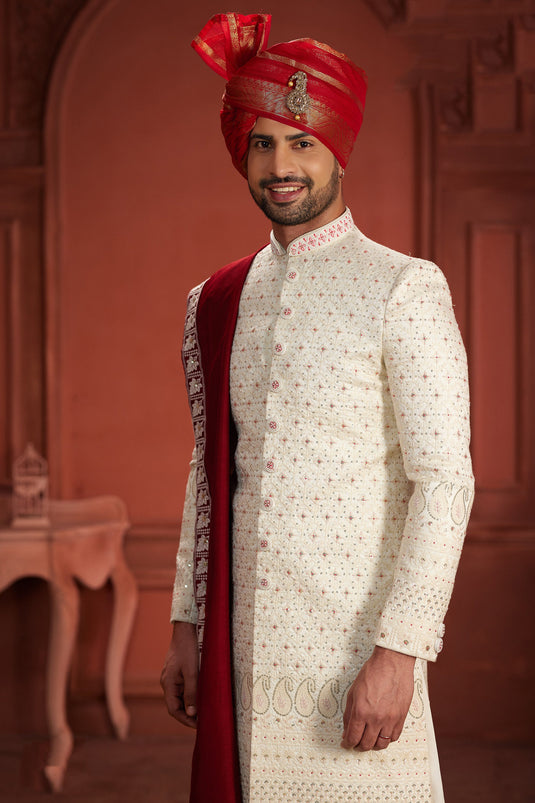 Royal Silk Fabric Off White Color Readymade Embroidered Work Sherwani
