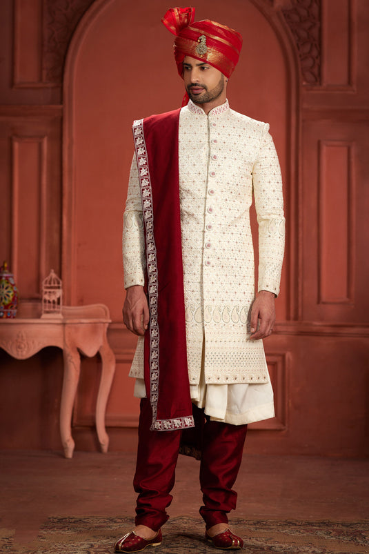 Royal Silk Fabric Off White Color Readymade Embroidered Work Sherwani