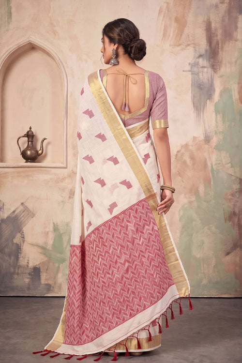White Color Border Work Linen Fabric Casual Saree
