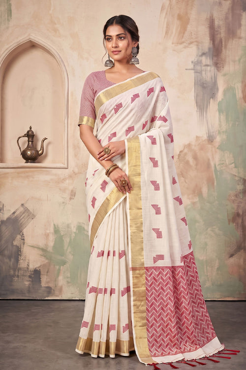 White Color Border Work Linen Fabric Casual Saree