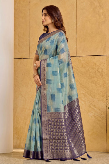 Linen Cotton Festive Style Sky Blue Color Saree