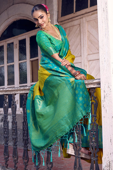 Trendy Silk Fabric Mustard Color Saree With Weaving Work