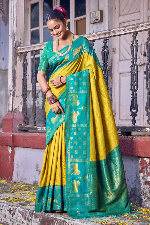 Trendy Silk Fabric Mustard Color Saree With Weaving Work