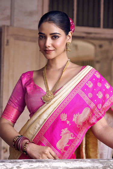 Festive Style Weaving Work On Cream Color Silk Fabric Saree