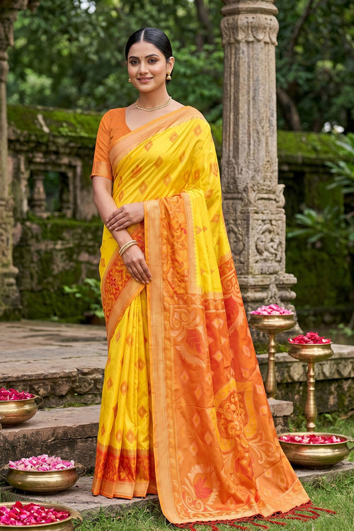 Weaving Designs Yellow Color Silk Saree For Festive