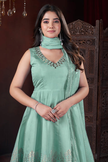 Art Silk Sea Green Color Foil Print Readymade Palazzo Salwar Suit