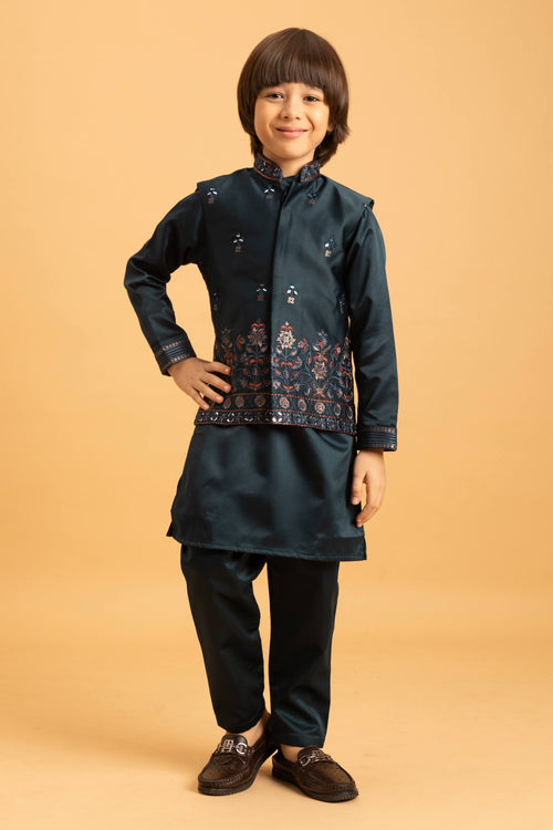 Satin Dark Teal Wedding Wear Boys Readymade Kurta Pyjama With Jacket