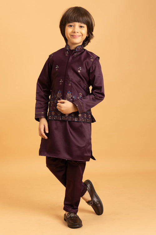 Occasion Wear Purple Satin Readymade Boys Kurta Pyjama With Jacket