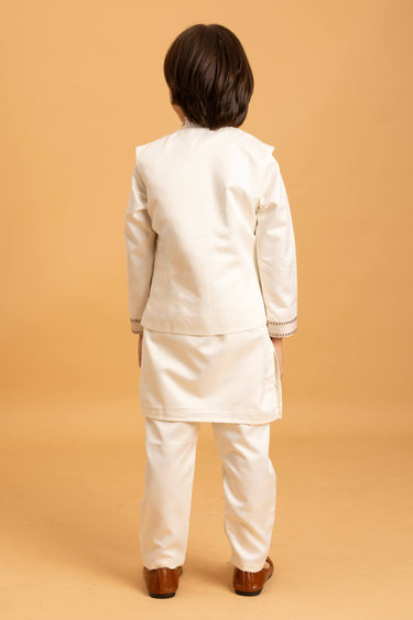 Satin Off White Occasion Wear Readymade Boys Kurta Pyjama With Jacket