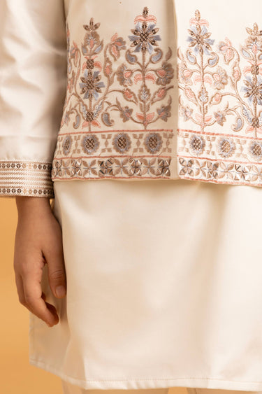 Satin Off White Occasion Wear Readymade Boys Kurta Pyjama With Jacket
