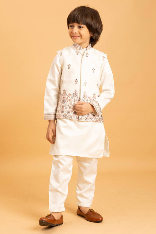 Satin Off White Occasion Wear Readymade Boys Kurta Pyjama With Jacket