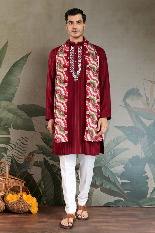 Stunning Red Color Function Wear Readymade Men Kurta With Dupatta