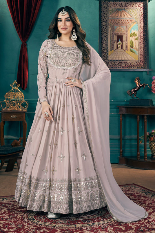 Georgette Fabric Glamorous Readymade Gown With Dupatta In Chikoo Color