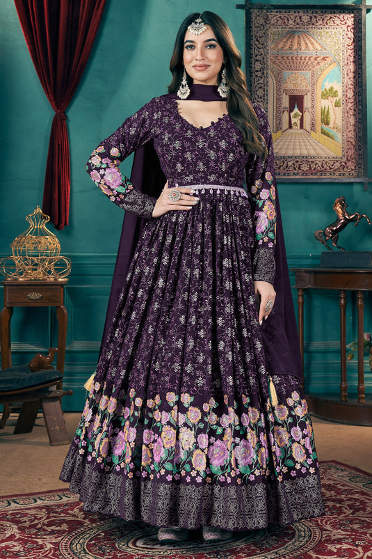 Georgette Fabric Magnificent Readymade Gown With Dupatta In Purple Color