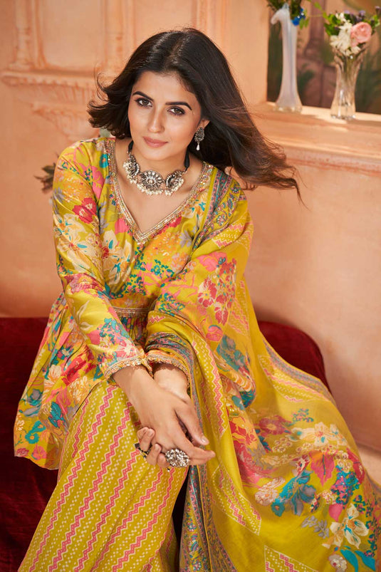 Fashionable Yellow Color Readymade Art Silk Palazzo Suit